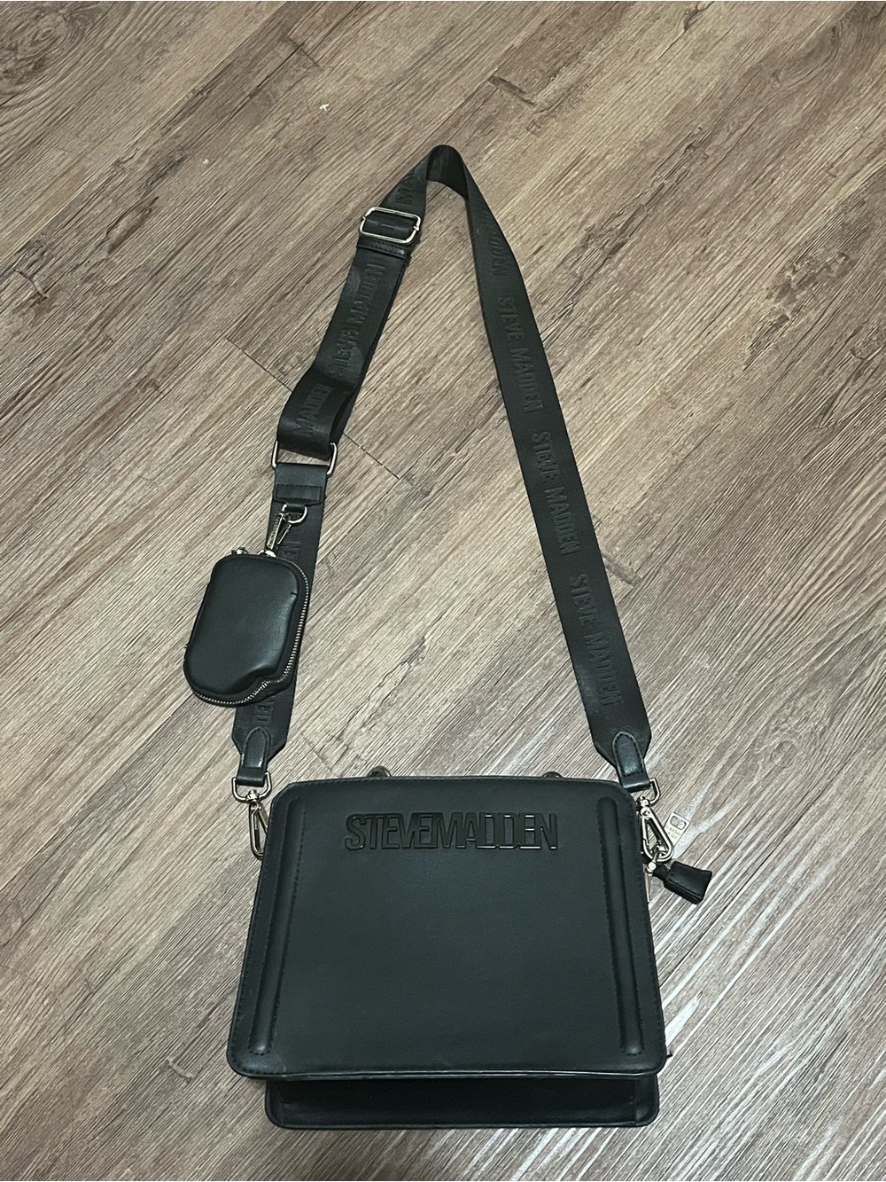 Steve Madden Black Structured Crossbody Tote with Logo Strap
